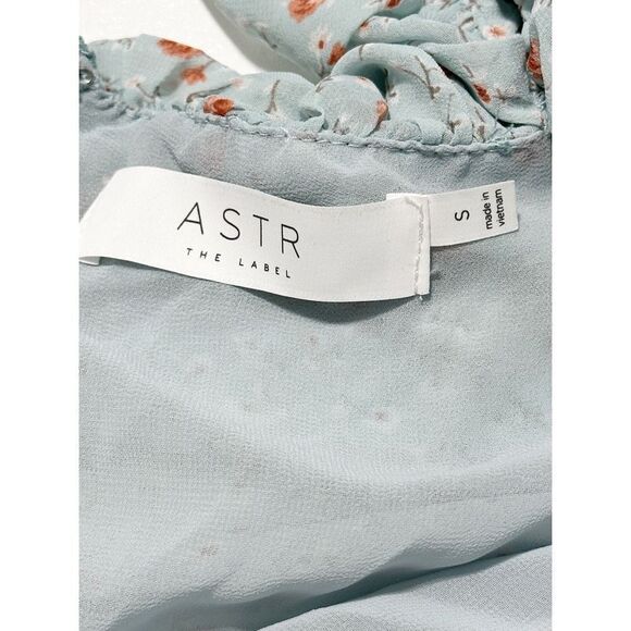 ASTR The Label Womens Ditsy Floral Ruffle Neck Ruched Mini Dress Teal Blue Small - Picture 2 of 11